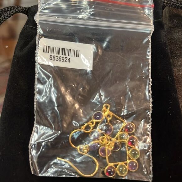 Multi Gemstone, Amethyst, Peridot, Garnet Gold over Silver Dangle Earrings - Picture 9 of 10